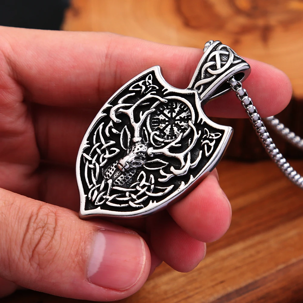 Viking Compass Celtic Knot Reindeer Pendant Necklace Men Stainless Steel Norse Myth Shield Necklace Punk Biker Jewelry Wholesale