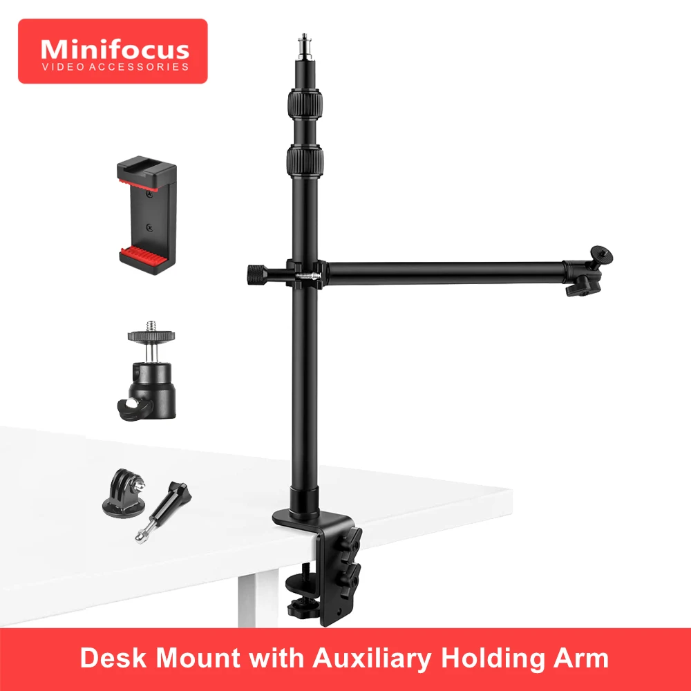 Camera Desk Mount with Auxiliary Holding Boom Arm Overhead Table C-Clamp Stand for Mirrorless Vidoe Light Webcam Live Streaming