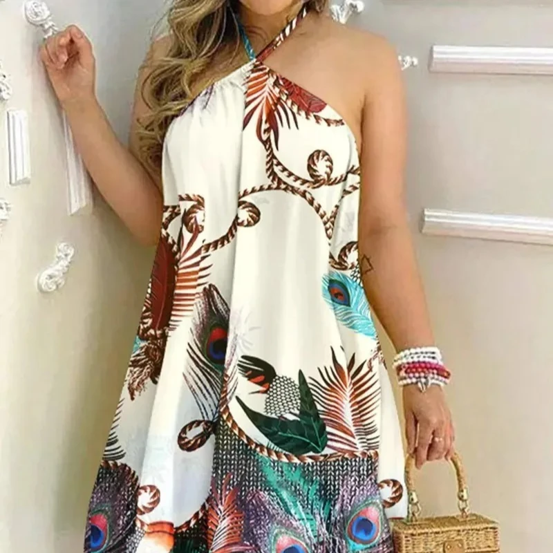 Novo vestido com estampa tropical, gola halter, estilo férias, vestido sem costas para primavera e verão, roupas femininas, ombro de fora, gravata