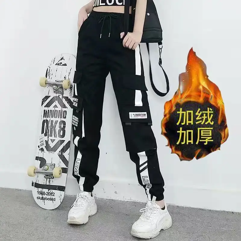 

Fleece Women's High Waist Cargo Pants Nice Winter Sportswear Loose Pants Harajuku Cotton Female Cargo Pants Elastics Trousers