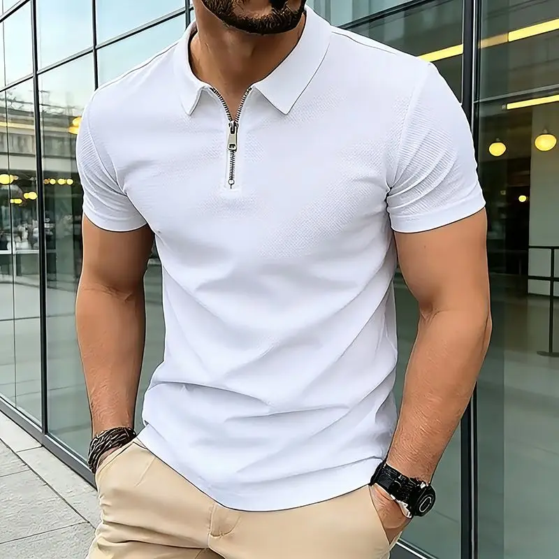 Summer Men's Solid Zipper Polo Shirts Short Sleeve Breathable T-Shirt Contrast Color Casual Lapel Collar Streetwear Basic Top