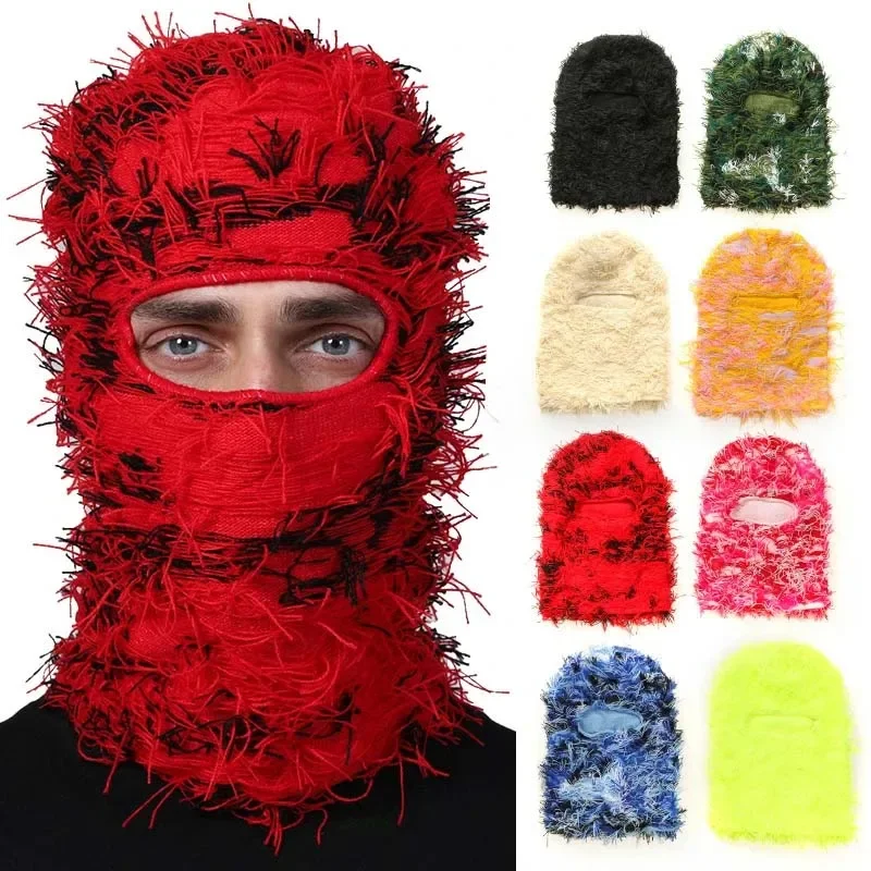 

2025 New Hip Hop Balaclava Distressed Knitted Caps Full Face Ski Mask Women Outdoor Camouflage Fuzzy Ski Balaclava Beanies Hat