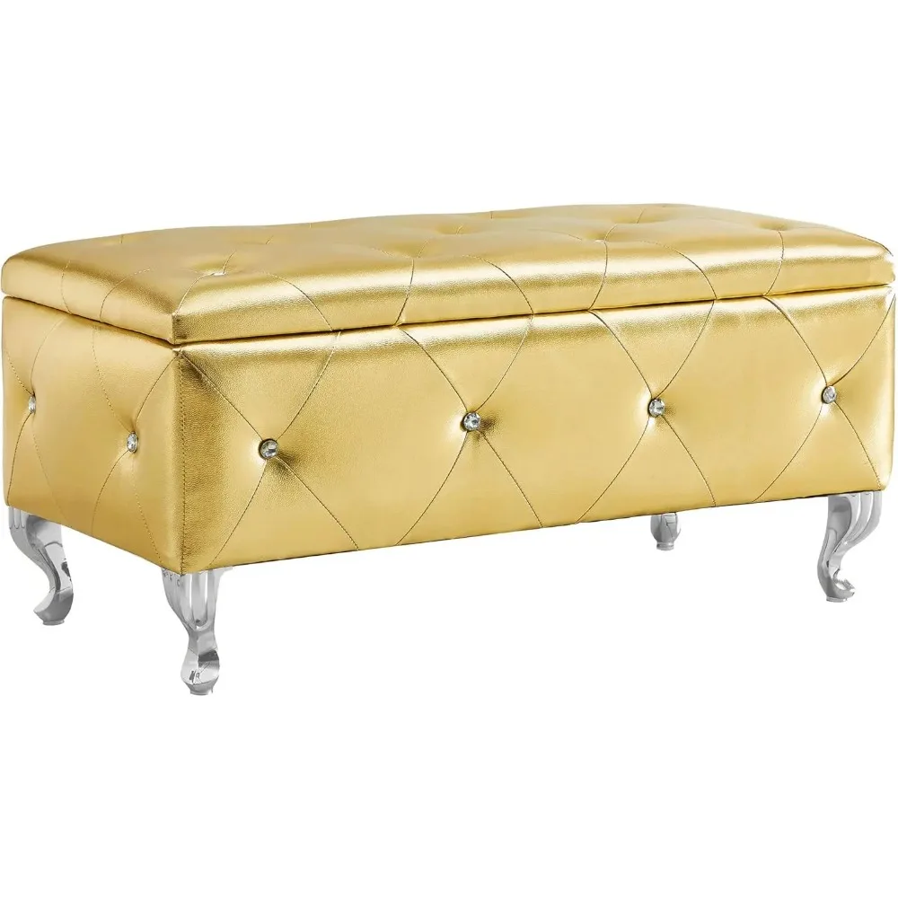 

Storage Ottoman Bench with Crystal Buttons, PU Leather Upholstered Flip Top Bench for Entryway, Bedroom, End of Bed - Hid