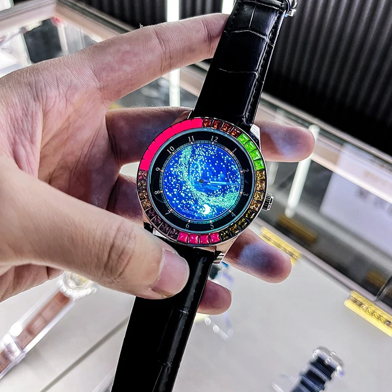 Men colorful Diamond Automatic Mechanical Watch Full Luminous Moon Phase Transparent Case Back Genuine Leather Strap 45mm Dial