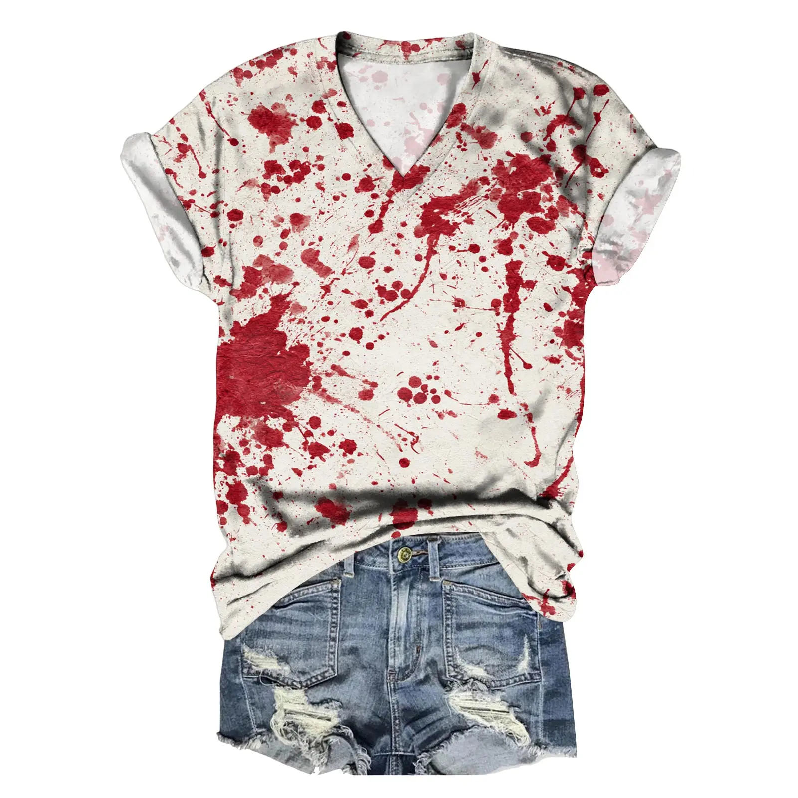 هالوين تي شيرت الدم سبلاش نمط المرأة بلايز الصيف الدموية المطبوعة قصيرة الأكمام قميص الخامس الرقبة الرعب الدموي Harajuku تيز