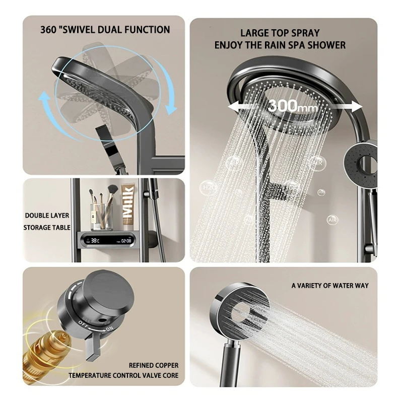 Hidrelétrica Digital Display Smart Shower Set, pressurizada atmosfera de montagem na parede, cobre leve, novo