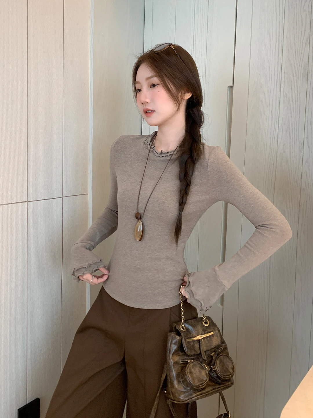 

Уникальная красивая круглая трикотажная футболка Long Sve, женская облегающая внутренняя одежда, базовый топ, деревянный дизайн, повседневная одежда