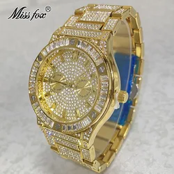 MISSFOX Luxury Watch For Mens Gold Calendar Steel Waterprof Clocks Iced Out Diamond Fashion Quartz Wristwatch Gift Free Shipping