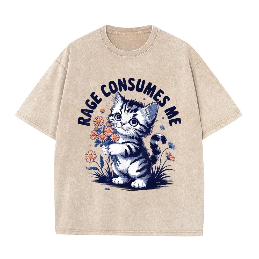 Rage Consumes Me T-Shirt Men's Classic Fit Grey Crew Neck Short Sleeve Double Cuff Cartoon Pattern Small Koszulki Męskie