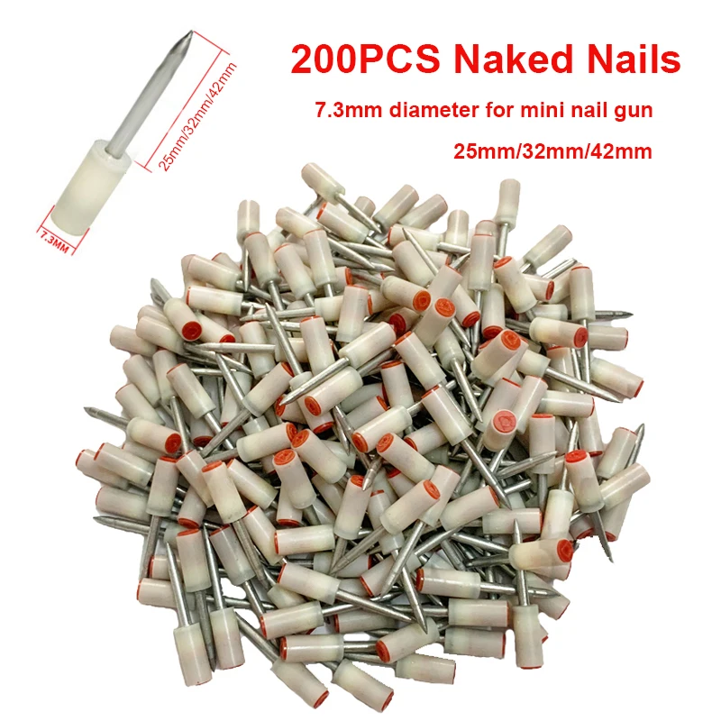 200PCS 25mm/32mm/42mm Steel Naked Nails for Mini Nails Gun Manual Power Tool Wall Anchor Wire Slotting for 7.3mm Mini Nail Gun
