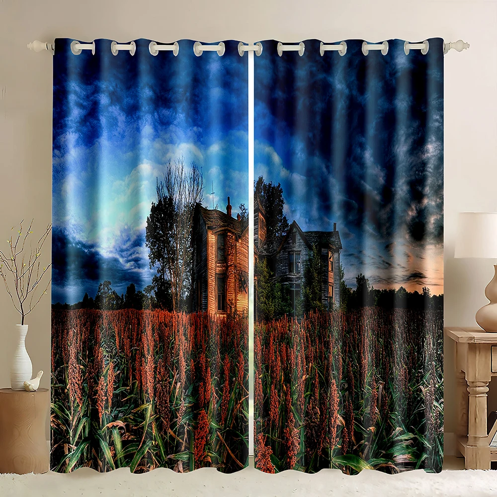 Farmhouse Blackout Curtains,Western Country Tractor Farm Nature Forest Sheep Brown Wood Cabin 3D Print Pattern Window Curtains