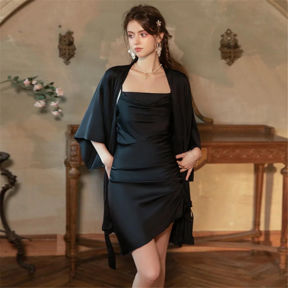 Sexy Solid Color 2PCS Robe Nightgown Set Summer Women Pajama Rayon Kimono Bathrobe Gown Sleepwear Night Dress Loungewear