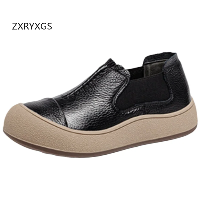 

ZXRYXGS 2025 новые женские повседневные кроссовки на плоской подошве с верхним слоем из воловьей кожи, простые свободные удобные дорожные туфли ручной работы в стиле ретро с круглым носком