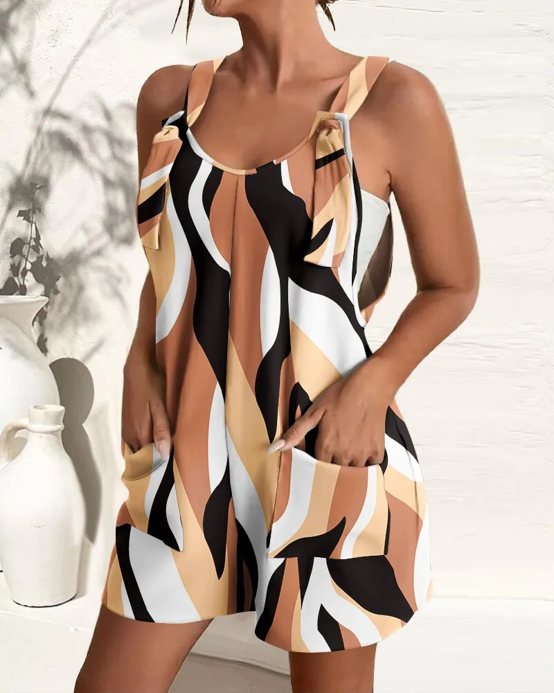 بذلة نسائية بدون أكمام مع طباعة تجريدية وجيوب - رومبير صيفي كاجوال فضفاض مع أشرطة قابلة للتعديل #2