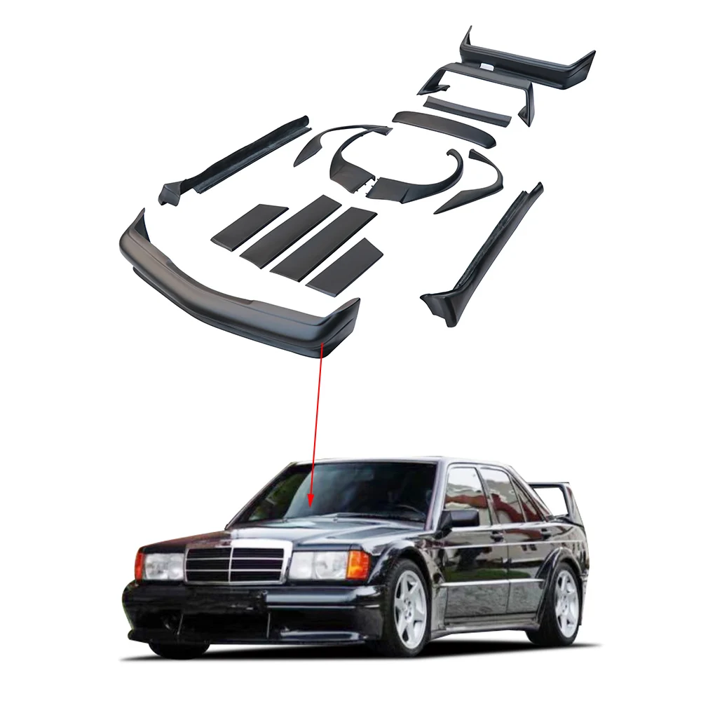 

НОВЫЙ 190E EVO II Комплект широкого кузова из стекловолокна для Mercedes Benz C Class W201 Передний задний бампер Боковая юбка Колесо Арка автомобиля Высокий спойлер