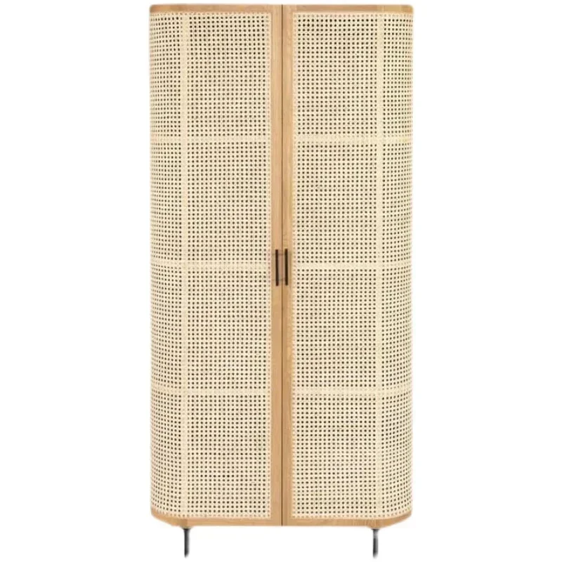 Nordic solid wood double door wardrobe, retro simple rattan woven storage cabinet, bedroom, raw wood clothing cabinet