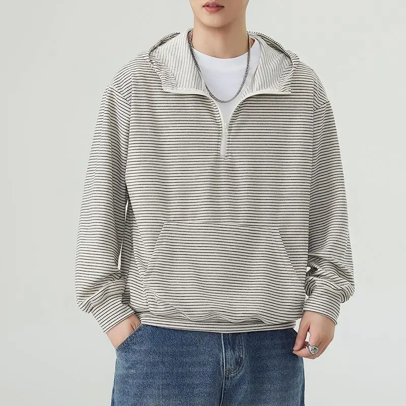 2026 Autumn and Winter New Striped Half-zipper Hooded Sweater Men's Loose Simple Commuter Top