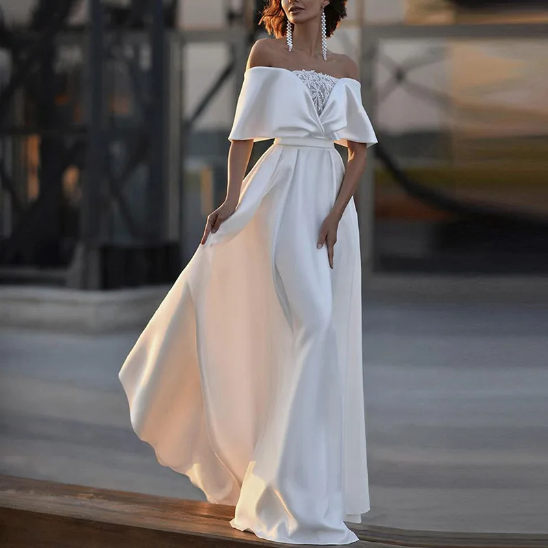 Новое платье с открытыми плечами, трансграничное длинное банкетное вечернее платье Amazon длиной до пола с небольшим шлейфом