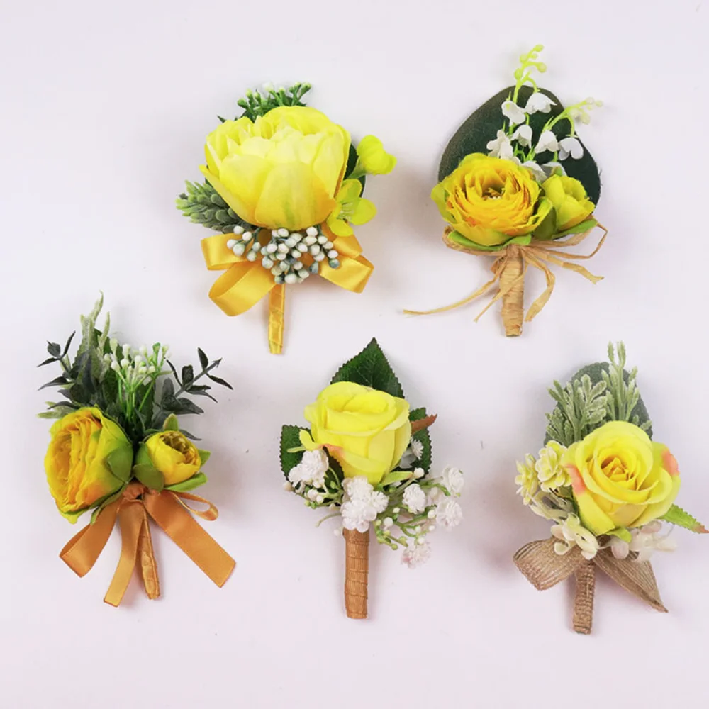 Simple Yellow Silk Rose Wedding Boutonnieres for Groomsen Pins Flowers Wedding Party Corsage Wrist for Bridesmaid Marriage Decor