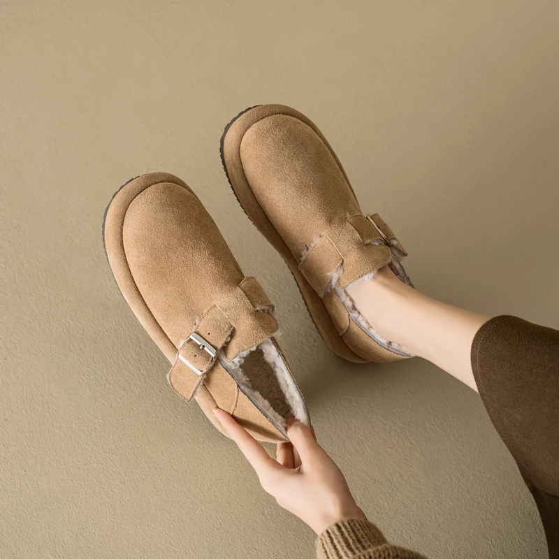 Woman Warm Wool Shoes Round Toe Genuine Leather Loafers Thick Heeled Apricot Khaki Ladies Footwear Spring Autumn Platform Flats