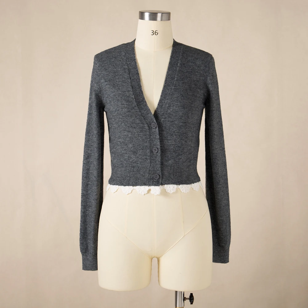 

Женский кардиган из смеси шерсти Y2k, кружевной темпераментный элегантный вязаный топ с v-образным вырезом и длинными рукавами, новинка весны 2023 г.