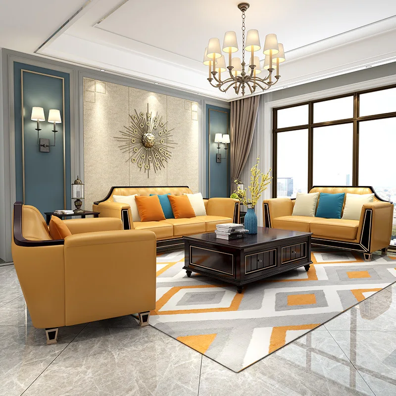 American leather sofa combination small apartment leather art complete solid wood furniture modern light luxury leather sofa