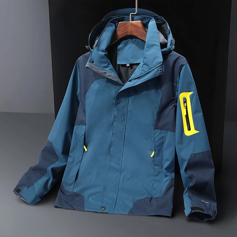 Spring New Men's Outdoor Sports Jacket Detachable Cap Windproof Waterproof Patchwork Jacket Loose Casual Comfortable Top