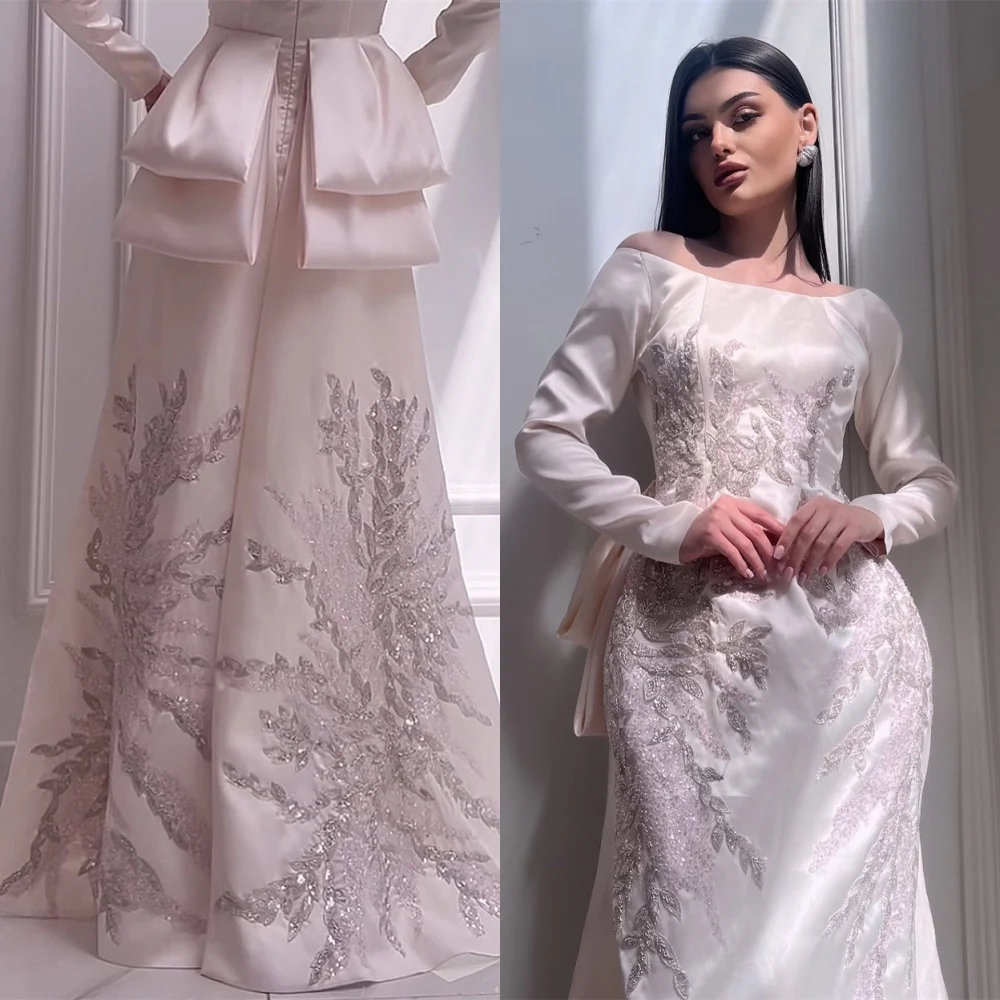 

Customized Exquisite Satin Evening Dresses Fashion Off the Shoulder Long Sleeves Celebrity Gowns Soft Special Occasion Gowns