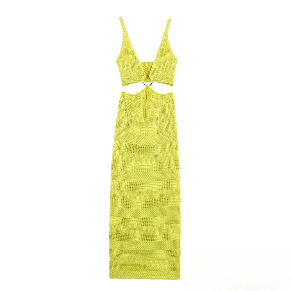 KONDALA-Donna Sexy Maglia Cami Dress Hollow-Out Profondo Scollo a V Sottile Abito Lungo 2025 Moda Estiva Elegante Vacanza Abito da Spiaggia