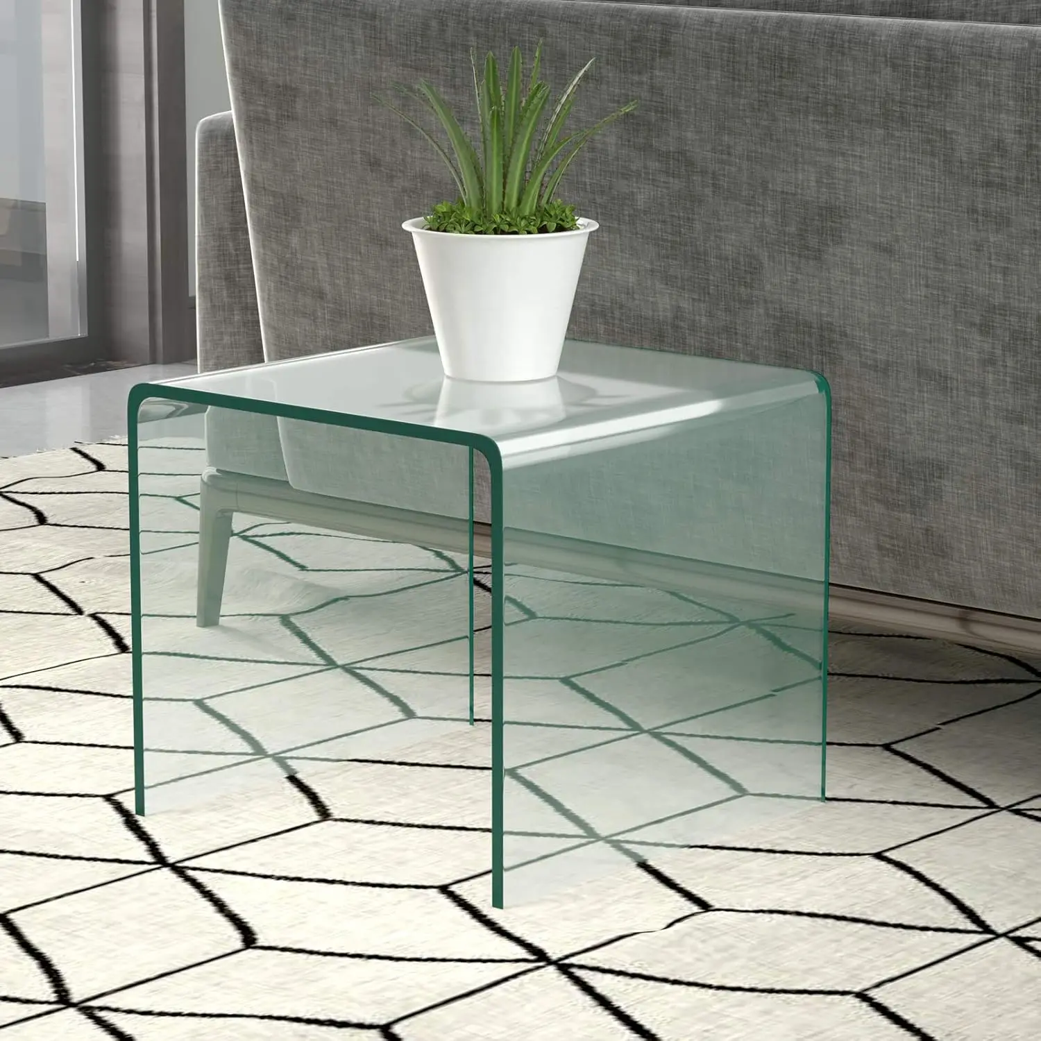 Tempered Glass End Table, Clear Sofa End Tables with Waterfall Edges & Non-Slip Pad, 18 x 18 x 16 inches, No Assembly N