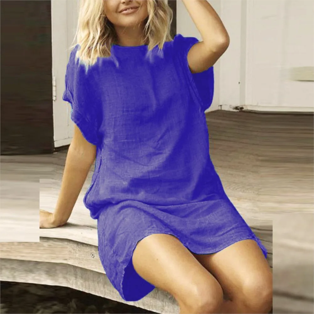 2025Summer Loose Casual Solid Color Short Sleeved Cotton Linen Women's Dresses Fashion Loose Simple Female Home Clothing Dresses