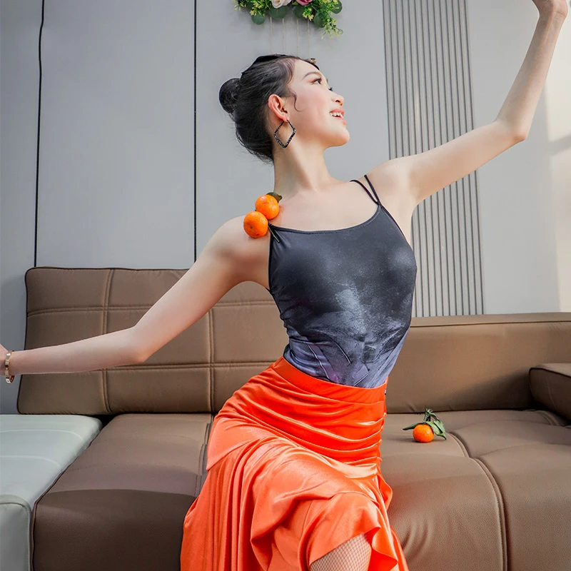 

Women Latin Dance Performance Costumes Sleeveless Backless Jumpsuit Orange Skirts Suit Chacha Rumba Latin Dance Dress DN19817