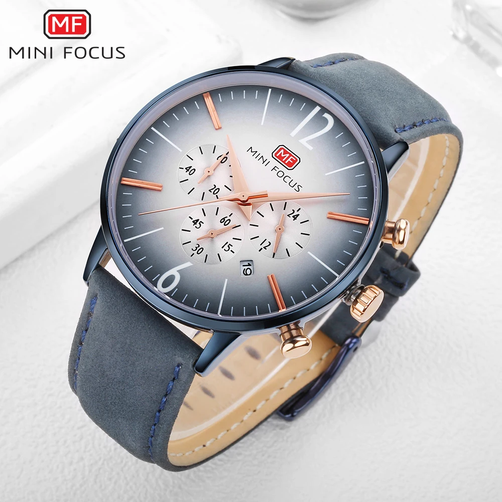 MINI FOCUS Business Waterproof Watches 24 Hours Display Sub-Dials Fashion Genuine Leather Belt Luxury Brand Quartz Mens Watch