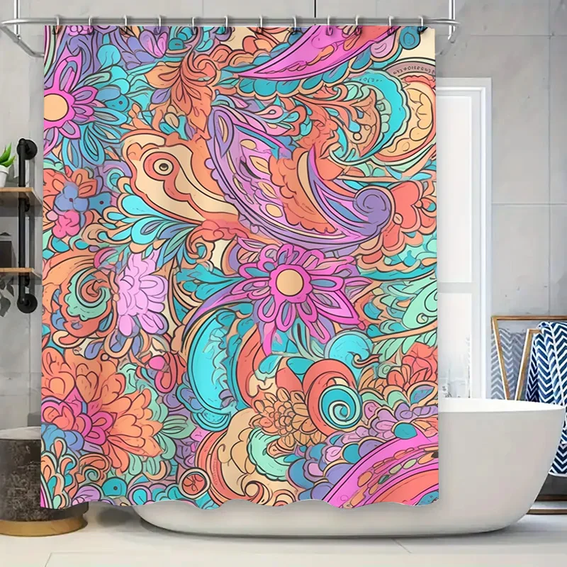 

Colorful Boho Floral Shower CurtainVibrant Paisley Print Bathroom Decor for Home Decoration Multicolor Hand Drawn Vintage Design