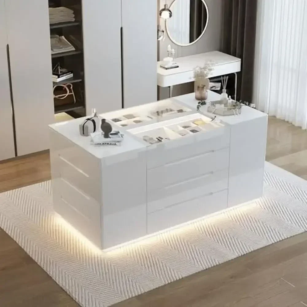 Modern White Bedroom Dresser & Display Cabinet, PB Board & Glass 16 Drawer Wardrobe with Glass Tabletop and Jewelry Organizer