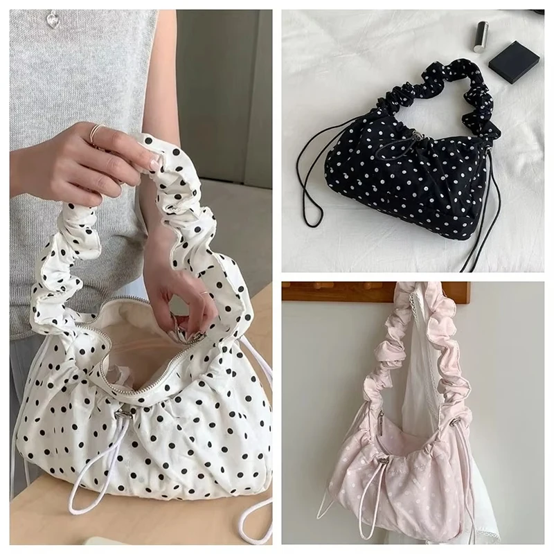 

Women Polka Dot Underarm Bag Large Capacity Crossbody Bag Retro Drawstring Pleated Dumpling Bag for Outdoor Travel Clutch Purse