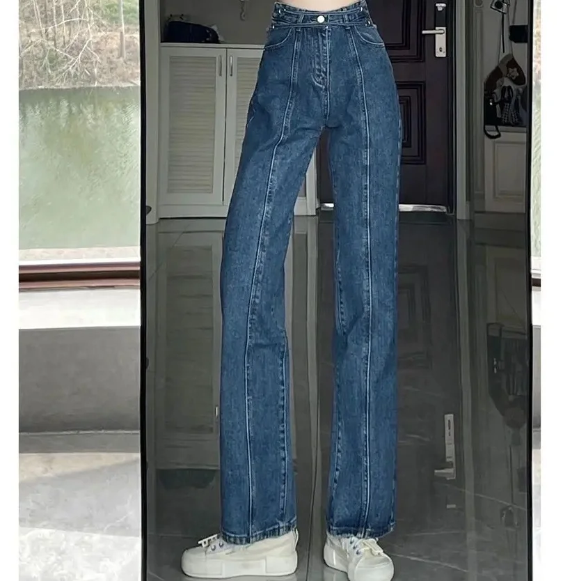 Hoch taillierte Jeans mit geradem Bein für Frauen im Sommer neues würziges Mädchen-Schnür design mit einem Gefühl von Nischen drapieren und Hosen mit weitem Bein