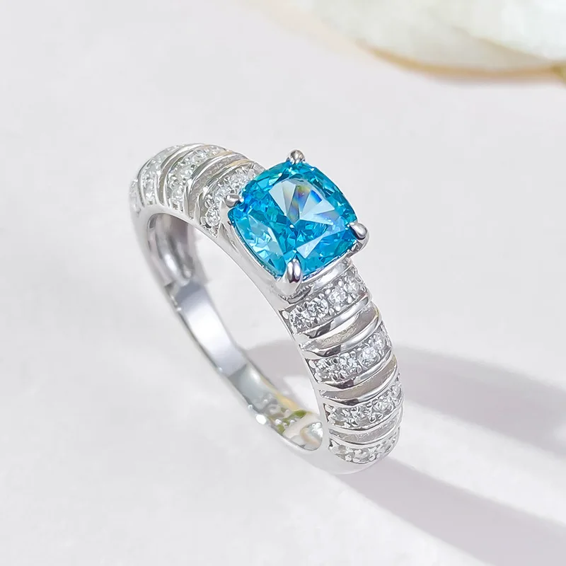 2024 New High Carbon Diamond Ring Full Body 925 Set with 6 * 6 Paraiba European and American Light Luxury Women's Ring