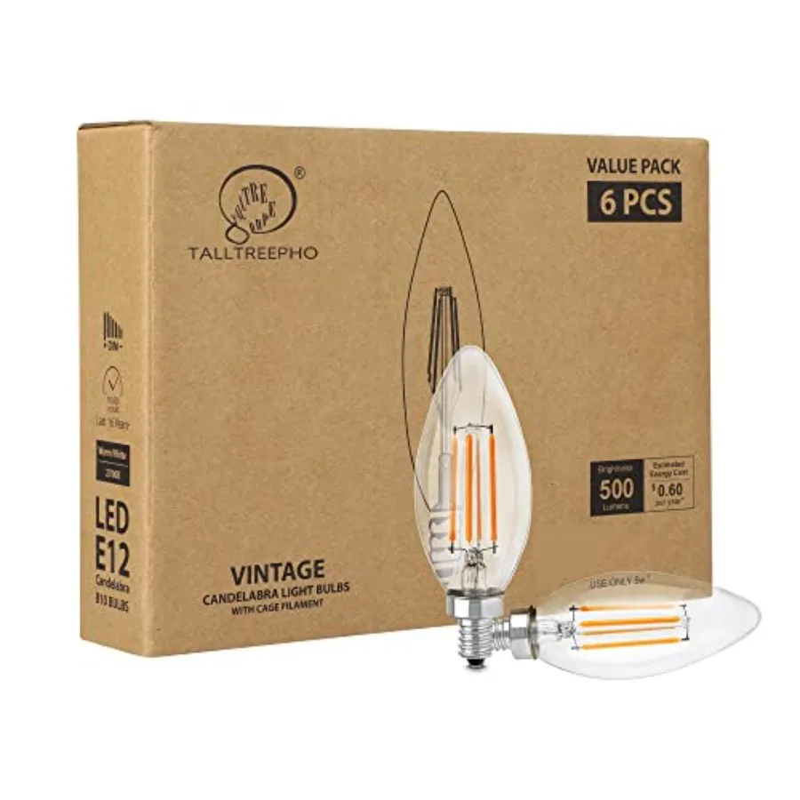 

E12 Candelabra LED Edison Bulbs 40W Equivalent, 500 Lumen Soft White B10 C35 Dimmable Chandelier Light Bulbs Ceiling Fan, 5W Cl