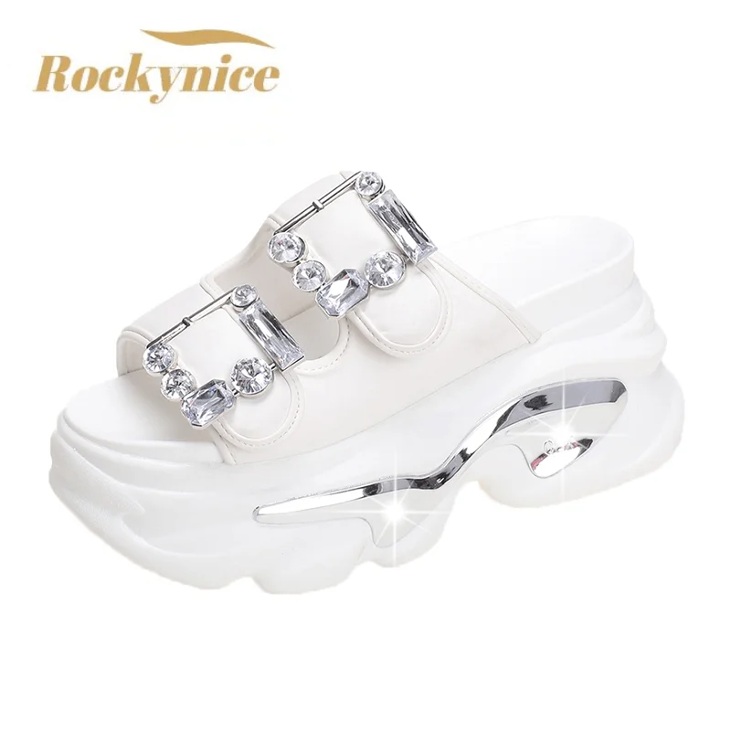 Shiny Rhinestone High Platform Slippers New Women 9CM Heels Leather Chunky Sandals Woman Summer 2023 Thick Bottom Wedges Slides