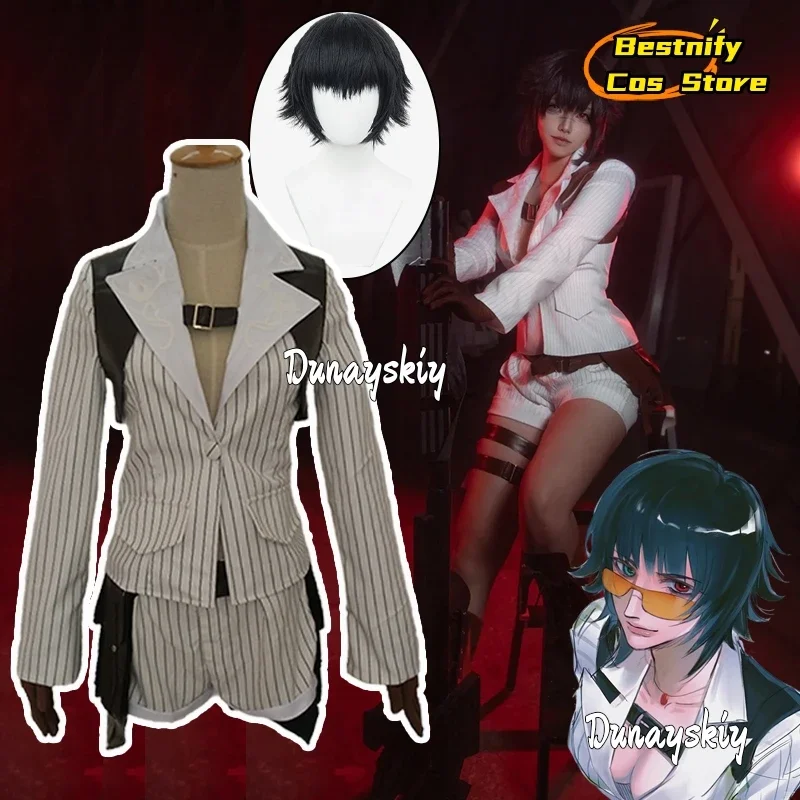 

CosplayGame DMC 4 Lady Mary Cosplay Costumes Sexy White striped Shirt Set Women's Outfit Lady Mary Anime Outfit Wig Prop Role-pl