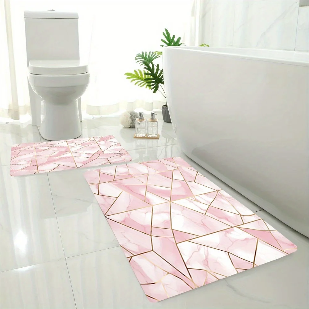 2pcs/ 3pcs/ Set Pink-cut Marble Printed Bathroom Floor Mat Set, Home Decoration Area Carpet, Machine Washable, Wash Basin Bath
