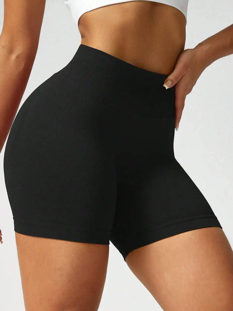 

Womens Solid Black High Waist Seamless Tummy Control Lifting Sports Shorts