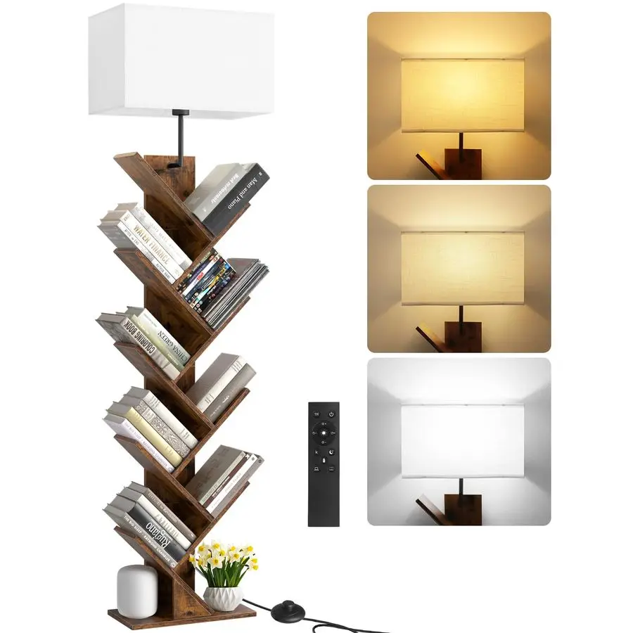 

Tier Tree Bookshelf with Light, Remote amp Timer, Modern Tall Floor Standing Book Shelf, Narrow Wood Bookcase, Small Book Organ