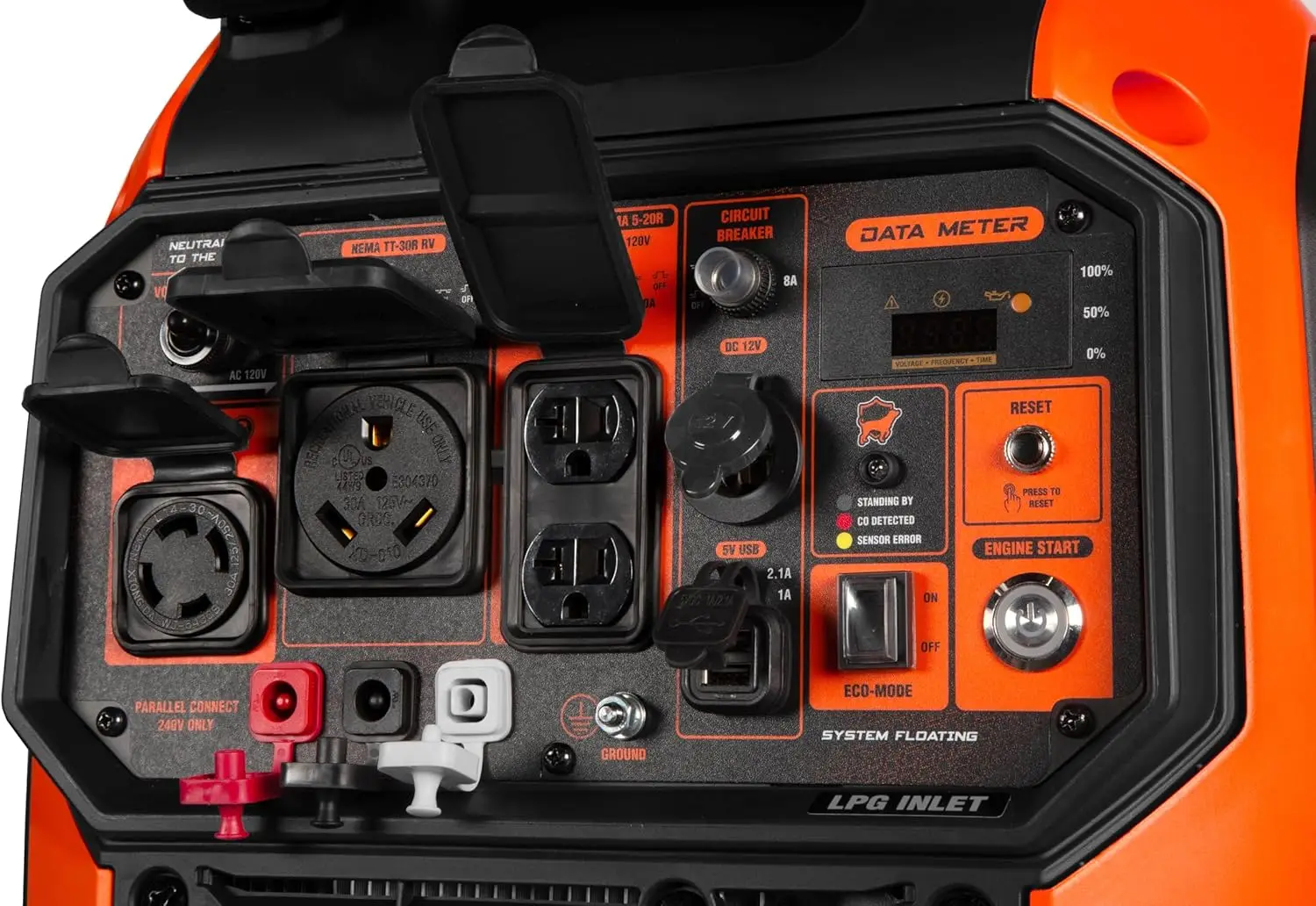 Generatore inverter portatile silenzioso a doppio combustibile da 6800 Watt, pronto per camper, avviamento elettrico, con spegnimento del carburante e cane di guardia CO (DF680iX)