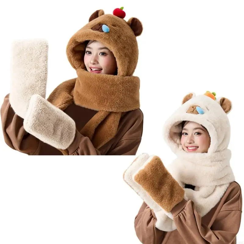 49mc harige cartoon capybara -hoed met sjaalhandschoenen Zet dikker harige hoed oversized hoofddekhoed voor winter woon