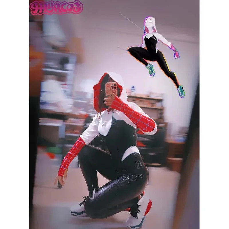 

Sky06 Anime Gwen of Spider-Women Cosplay Costume Gwen Jumpsuit Cosplay Mask and headgear Halloween For Comic Women Leather 66lU&