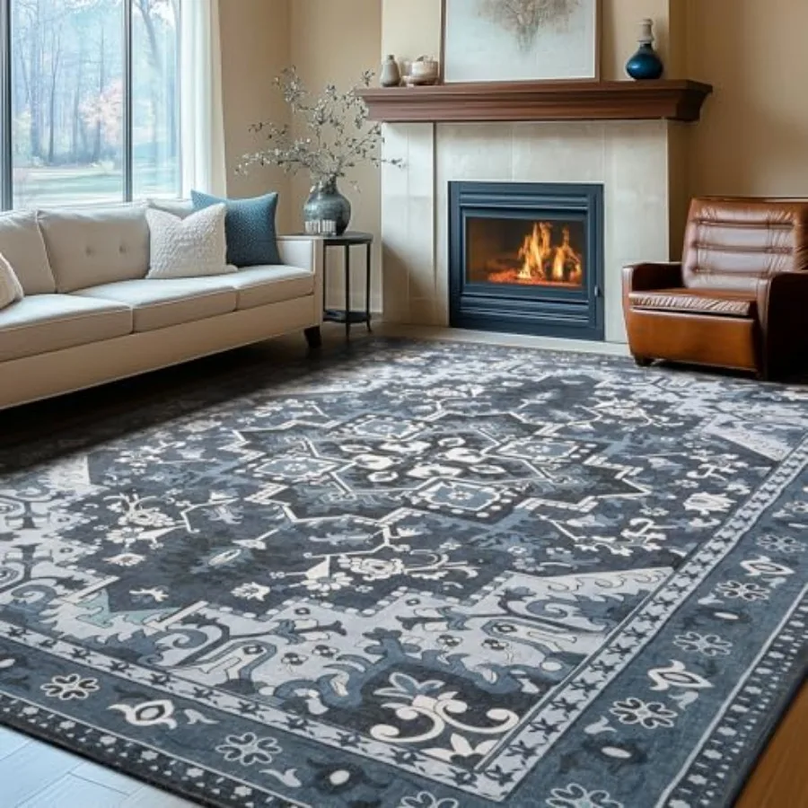

9x12 Area Rugs Machine Washable Dark Navy Blue Carpet for Living Room Oriental Indoor Area Rug Low Pile Large Soft Thick Carpet