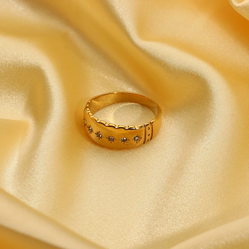 18K Gold Plated Stainless Steel Bling Stone North Star Stackable Rings for Women Trendy Bold Ring Waterproof  Everyday Jewelry