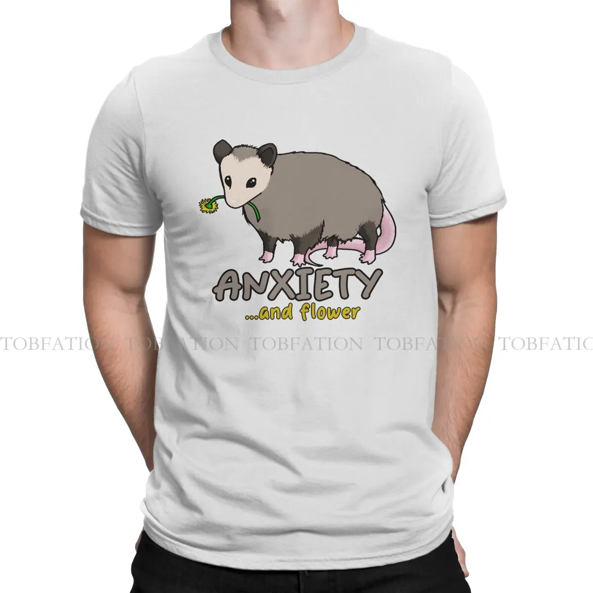 Opossum Anxiety and Flower Round Collar TShirt Mental Health Pure Cotton Classic T Shirt Man's Clothes Fashion Fluffy Hot Sale